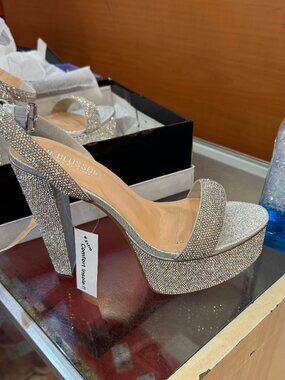 ISO De Blossom DUNCAN-25 Rhinestone Shiny Silver Shimmer Platform Heels 8 8.5